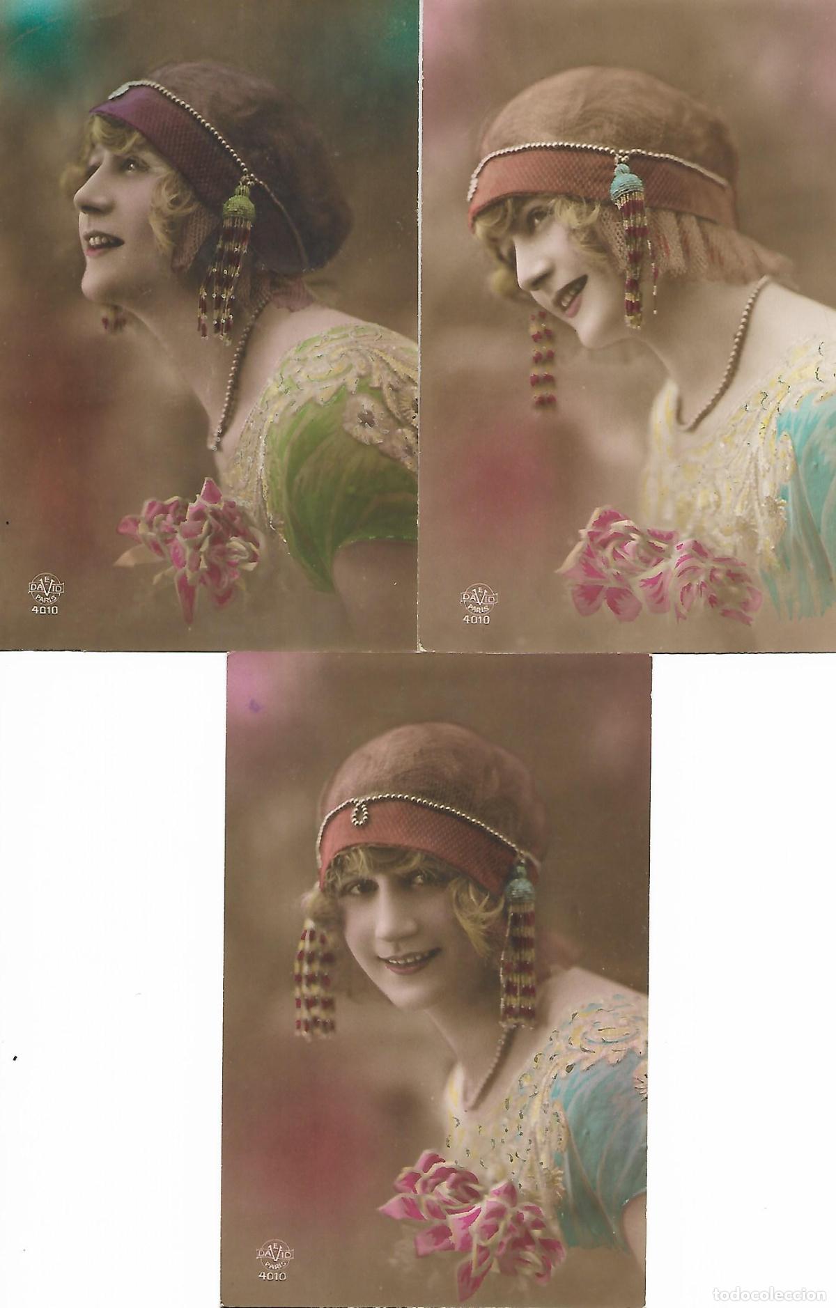Cartoline: SERIE DE TRES ANTIGUAS POSTALES-DAMA CON GORRA (Principios a&ntilde;os 20)