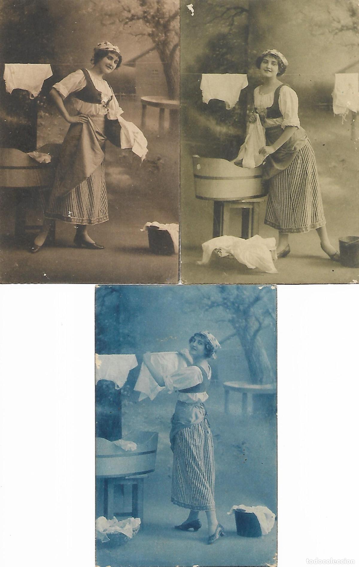 Cartoline: SERIE DE TRES POSTALES ANTIGUAS-LAVANDO Y SECANDO (Principios 1900)