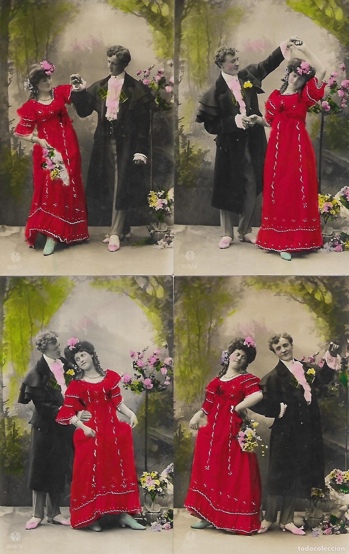 Cartoline: SERIE COMPLETA DE SEIS POSTALES-PAREJA DANZANDO (Circuladas en 1907)
