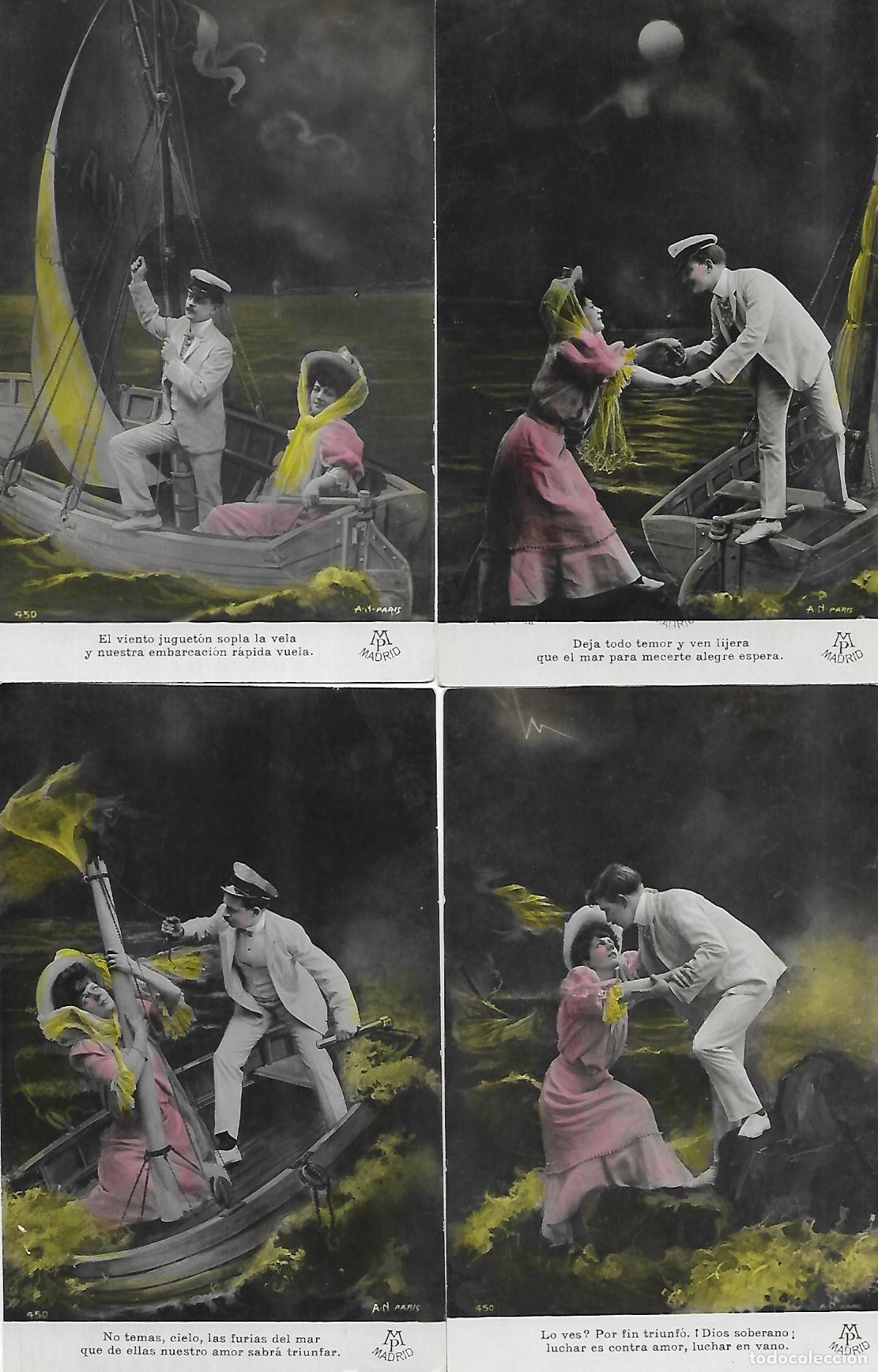 Cartoline: SERIE DE CUATRO POSTALES-PAREJA EN BARCA (Circuladas en 1907)