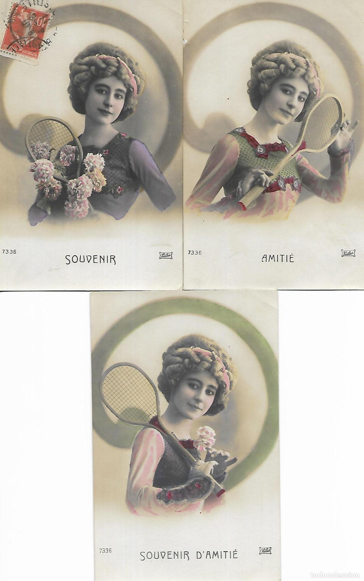 Cartoline: SERIE TRES POSTALES-DAMA CON RAQUETA TENIS (Principios 1900)
