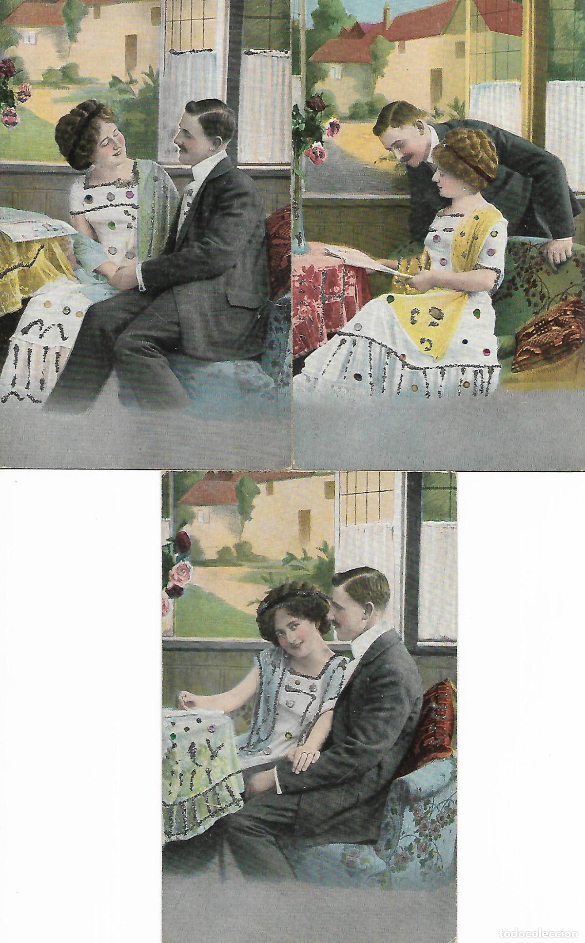 Cartoline: SERIE DE TRES POSTALES-PAREJA EN SOBREMESA (Principios 1900)