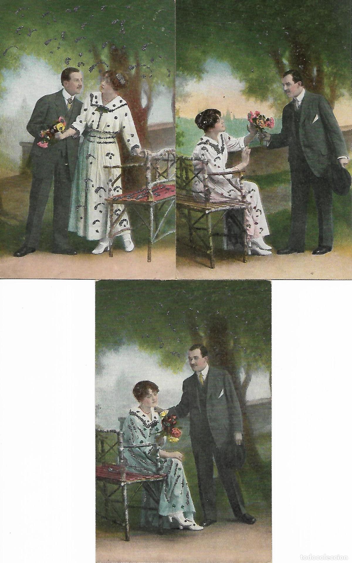 Cartoline: SERIE DE TRES POSTALES-PAREJA DE ENAMORADOS (Principios 1900)