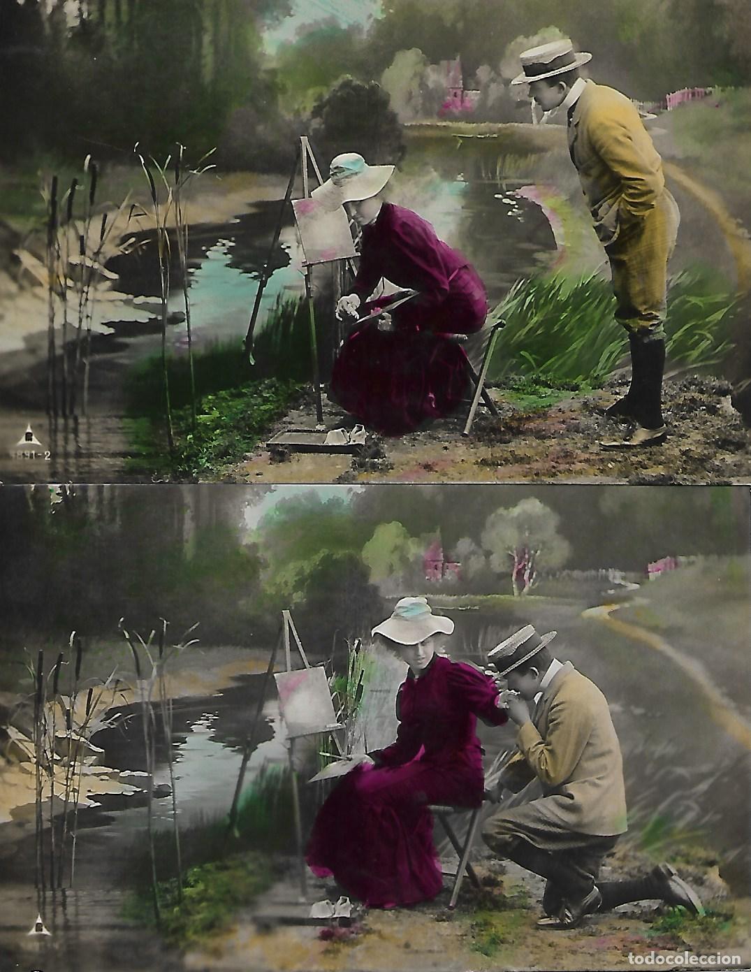 Postkarten: PAREJA DE POSTALES-PINTORA Y ADMIRADOR (Circuladas en 1908)