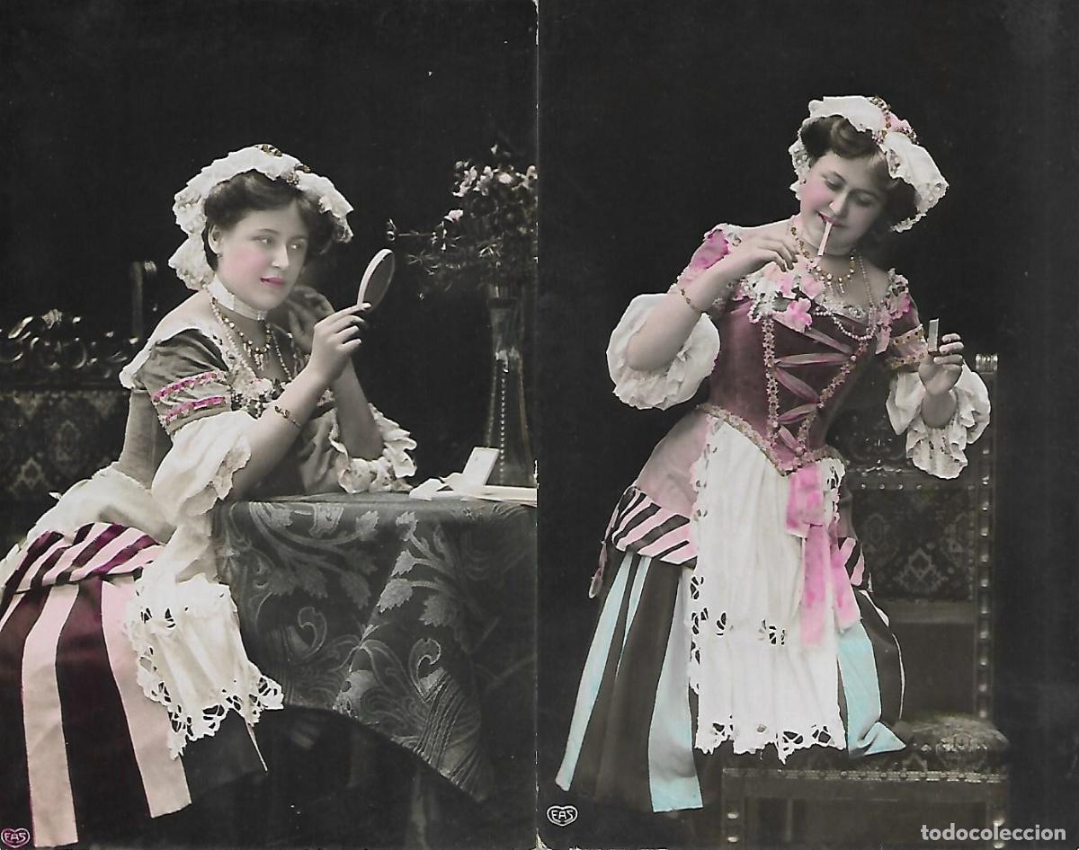 Postkarten: PAREJA DE POSTALES-DAMA EN TOCADOR Y FUMANDO (Circuladas en 1907)