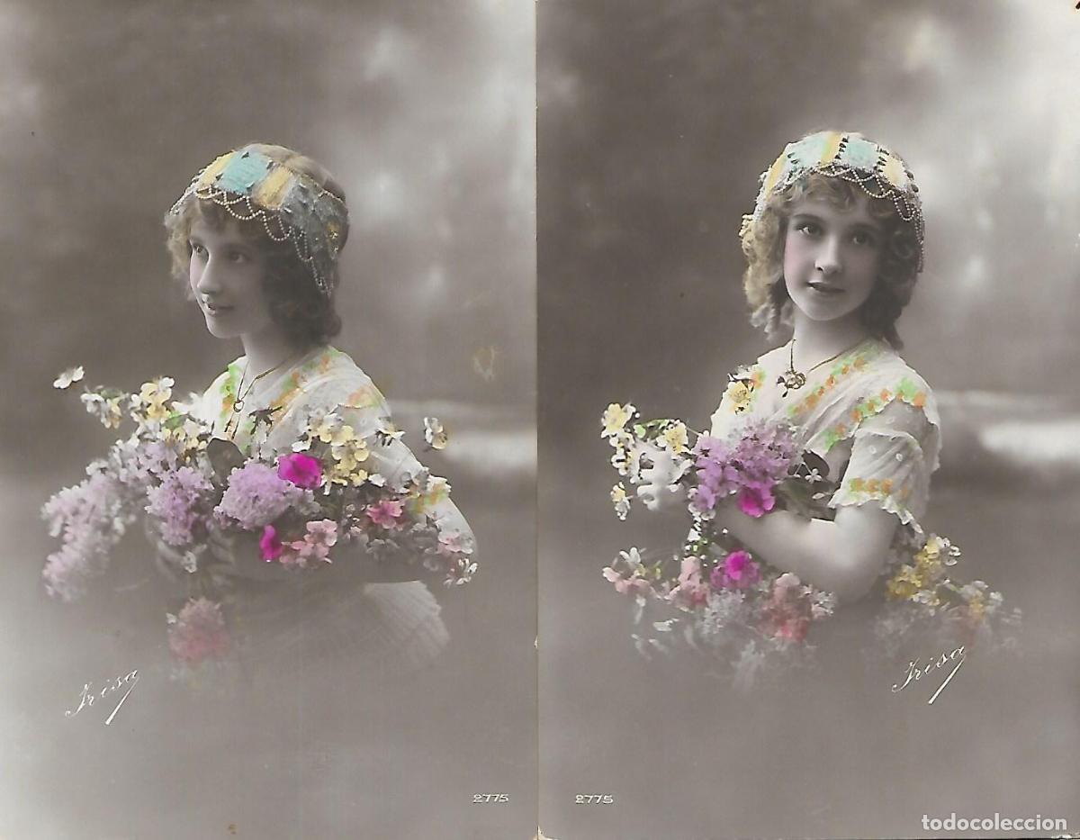 Postkarten: PAREJA DE POSTALES ANTIGUAS-DAMA CON FLORES (Principios 1900))