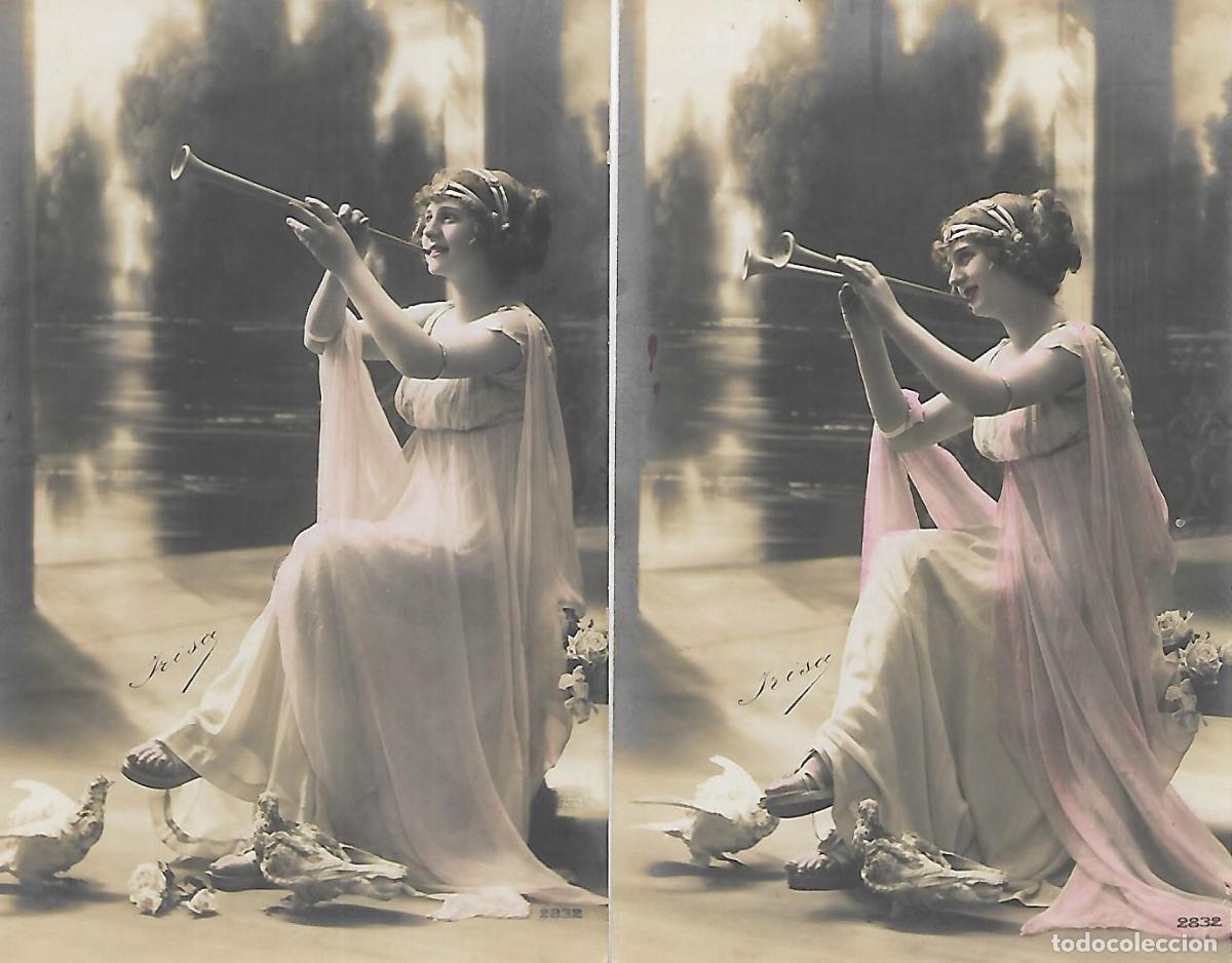 Postkarten: PATREJA DE ANTIGUAS POSTALES-DAMA TOCANDO EL A&Ntilde;AFIL, CON PALOMAS (Principios 1900)