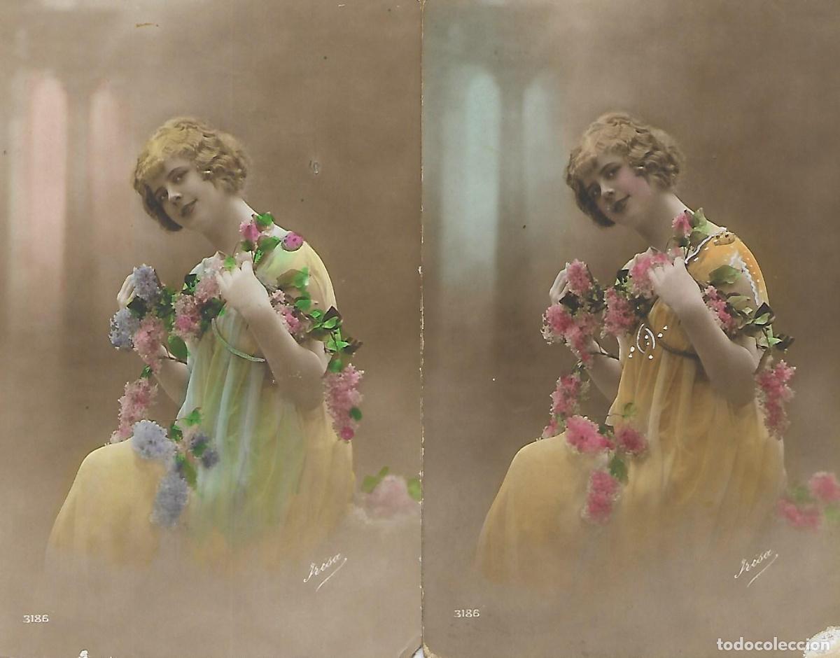 Postkarten: PAREJA DE POSTALES ANTIGUAS-DAMA ON FLORES (1916)