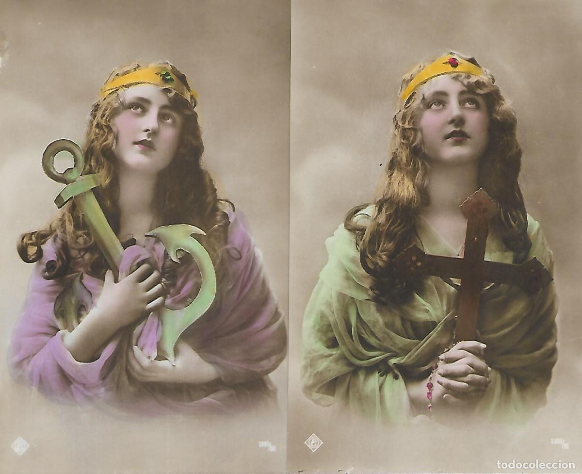 Postkarten: PAREJA DE ANTIGUAS POSTALES-DAMA CON ANCLA Y CRUZ (Principios 1900)