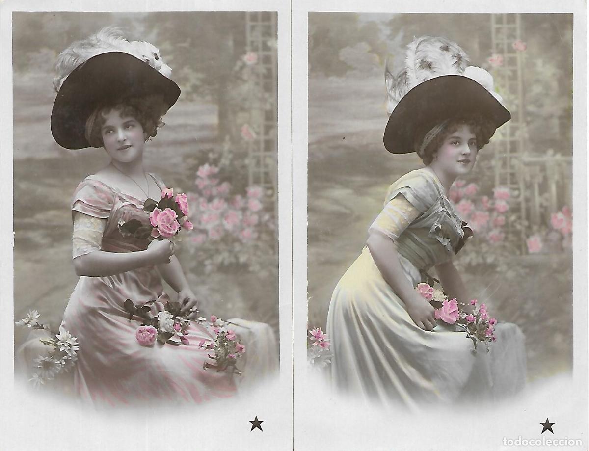 Postkarten: PAREJA DE POSTALES ANTIGUAS-DAMA CON SOMBRERO Y FLORES (1910)