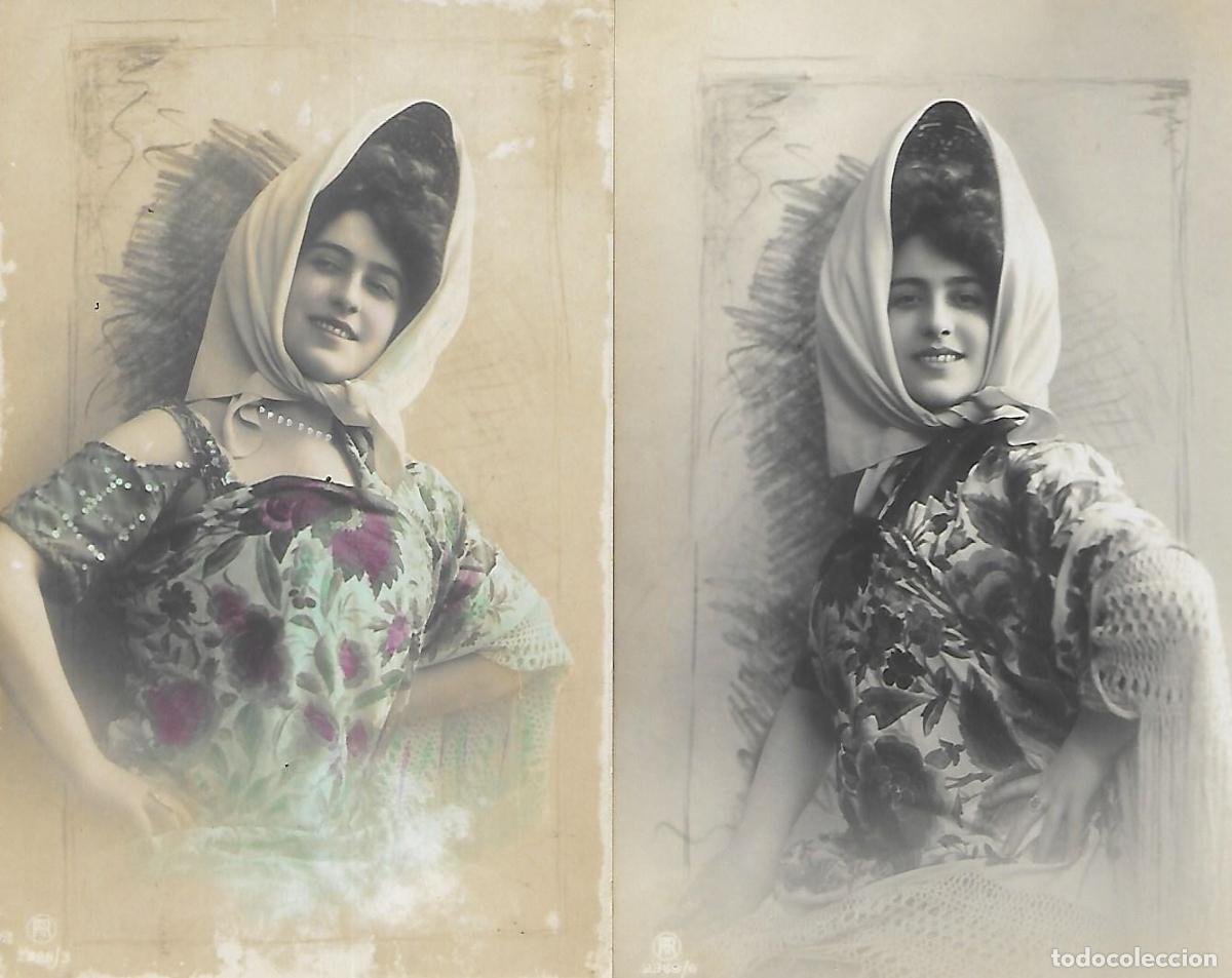 Postkarten: PAREJA DE POSTALES ANTIGUAS-DAMA CON PA&Ntilde;UELO EN LA CABEZA (1918)