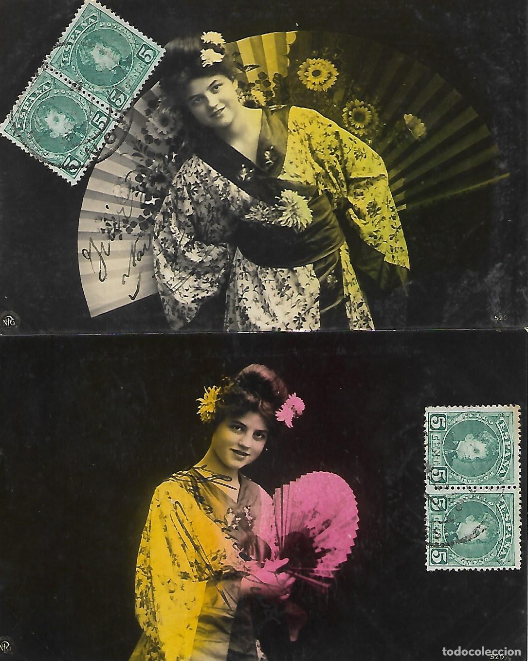 Postkarten: PAREJA DE ANTIGUAS POSTALES-DAMA CON ABANICO (1906)