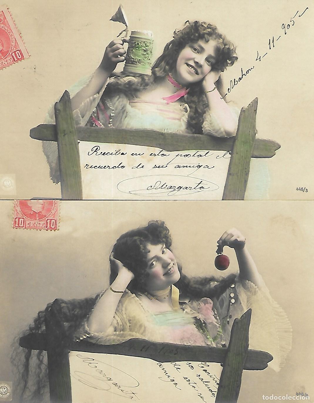 Postkarten: PAREJA DE ANTIGUAS POSTALES-DAMA BEBIENDO CERVEZA (1904-1905)