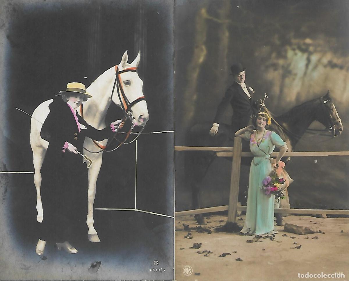 Postkarten: PAREJA DE ANTIGUAS POSTALES-DAMA Y PAREJA CON CABALLO (1914-1915)