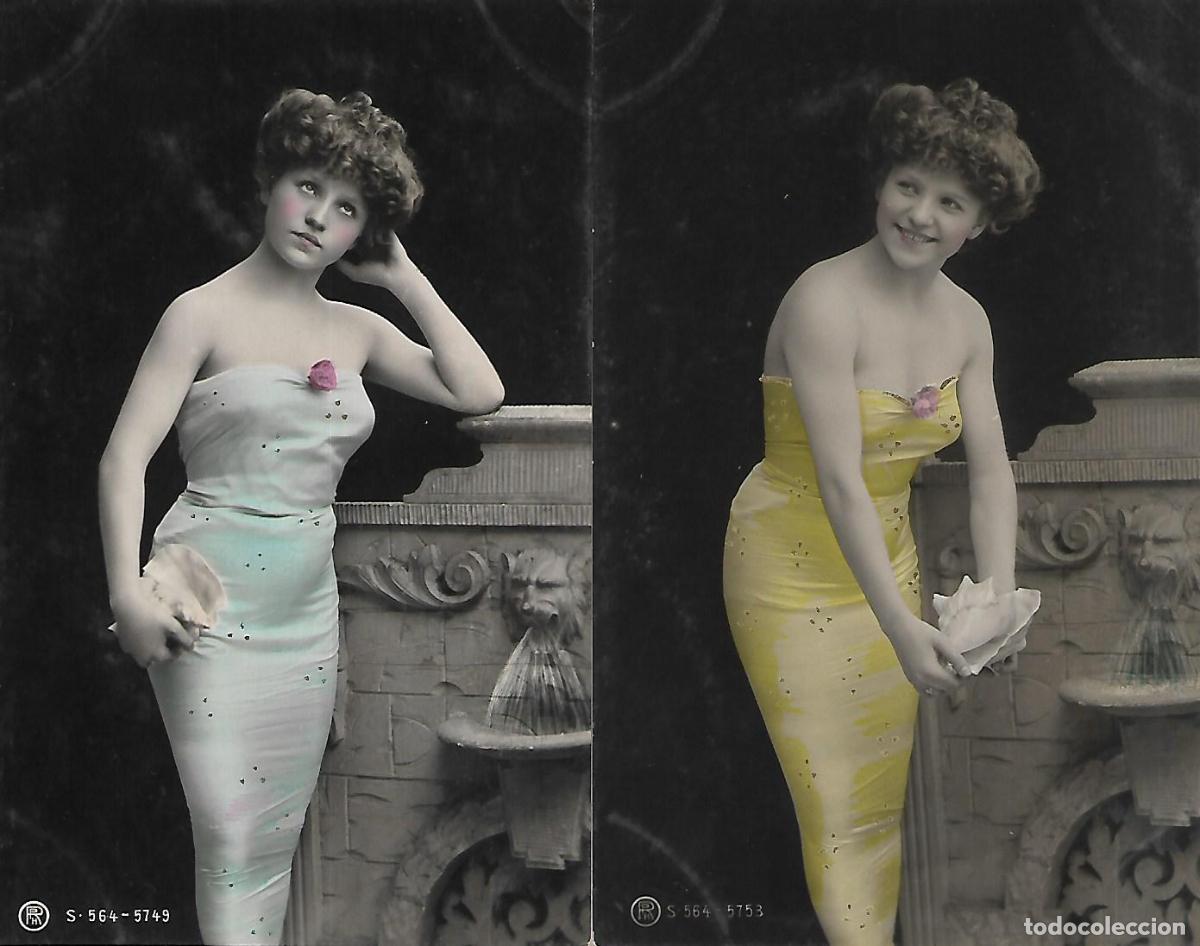 Postkarten: PAREJA DE POSTALES ANTIGUAS-DAMA CON VESTIDO DE TUBO (Principios 1900)