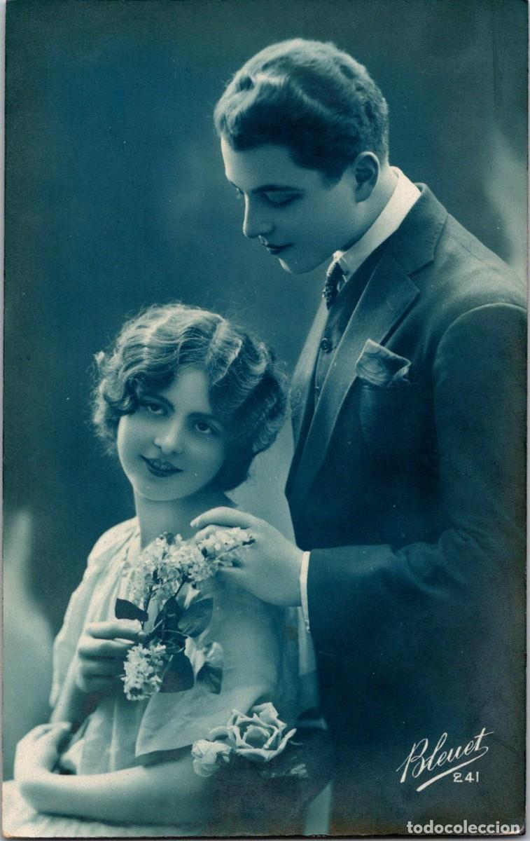 Cartoline: Postal Rom&aacute;ntica Francesa - Tonalidad Azul - Pareja de Novios - Bleuet 241 - 137x87mm