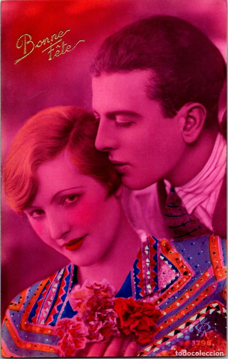 Cartoline: Postal Rom&aacute;ntica Tonalidad Rosa Coloreada - Pareja de Novios - Susurros al O&iacute;do - n&ordm; 3798 - 138x88mm
