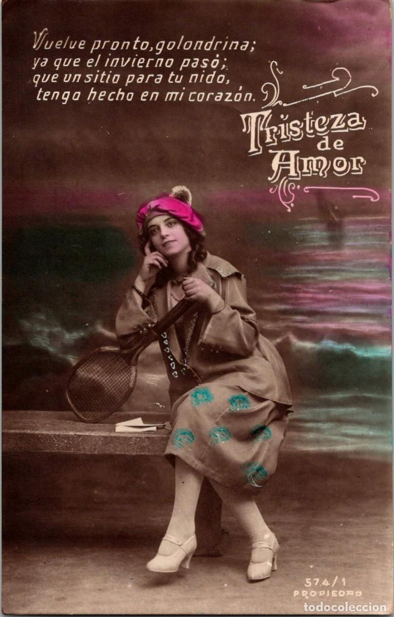 Cartoline: Postal Rom&aacute;ntica Espa&ntilde;ola Coloreada- Tristeza de Amor - Vuelve pronto golondrina; - 574/1 - 138x88mm