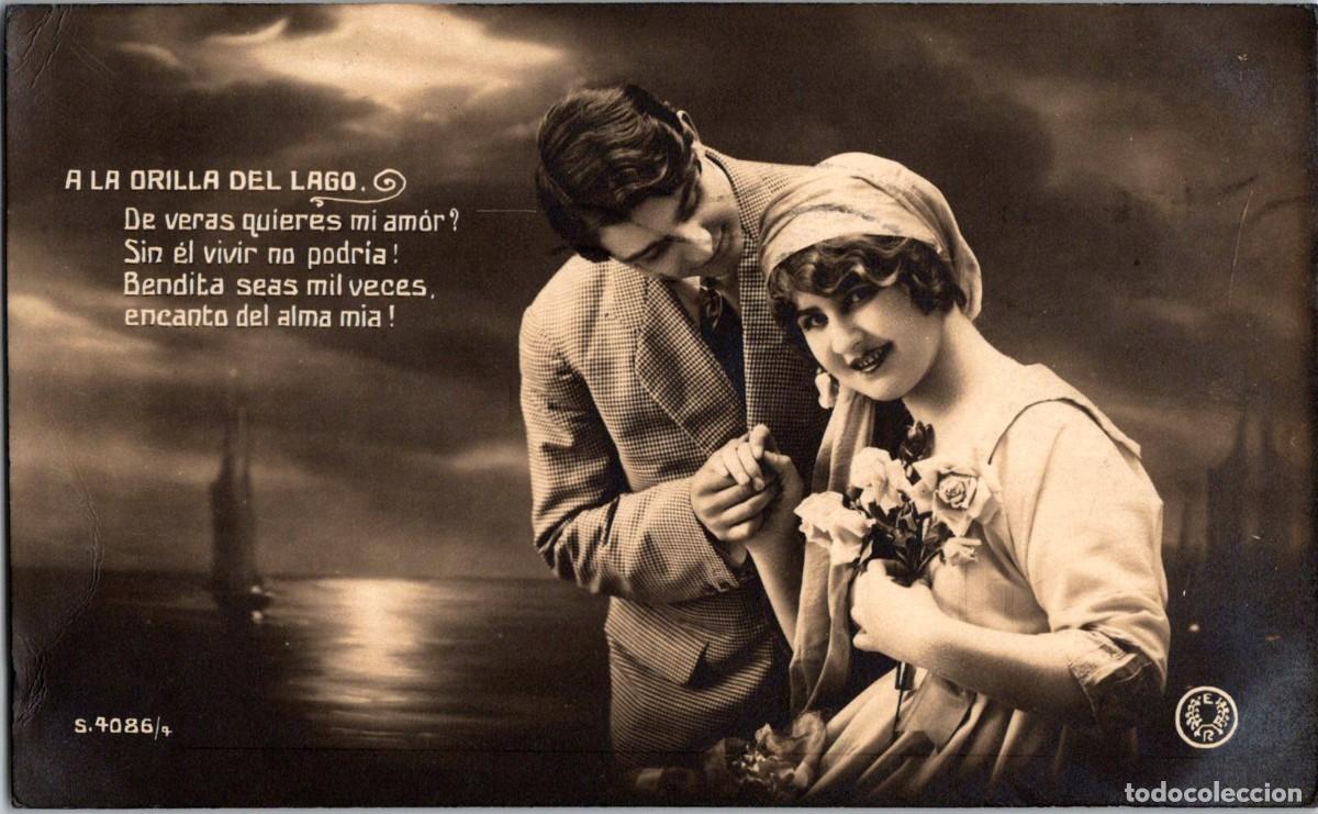 Cartoline: Postal Rom&aacute;ntica Espa&ntilde;ola - A la Orilla del Lago - De veras quieres mi amor? - S 4086/4 - 138x85mm