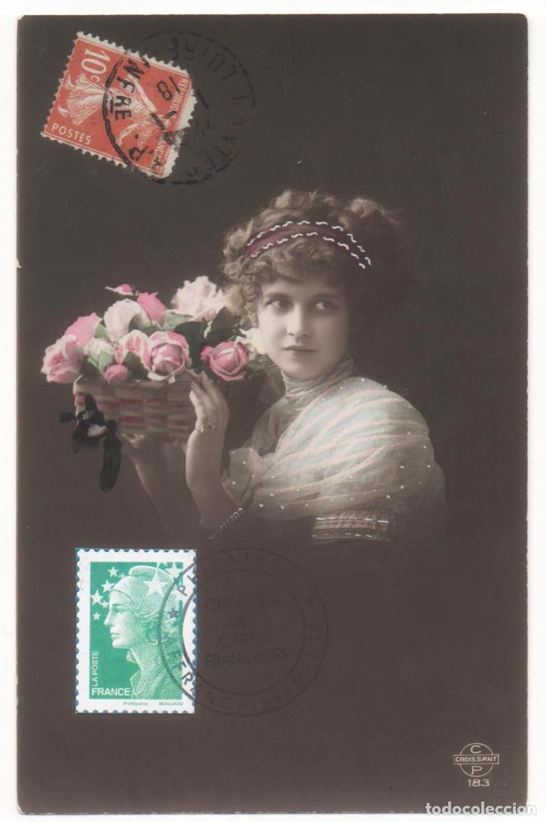 Postcards: Postal francesa principios del XX- escrita-mujer con flores