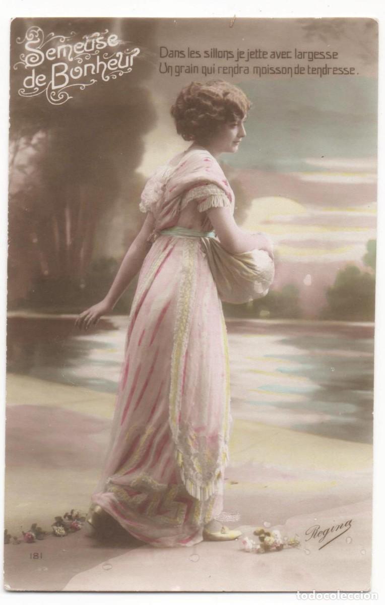 Postcards: Postal francesa principios del XX- escrita-mujer con flores