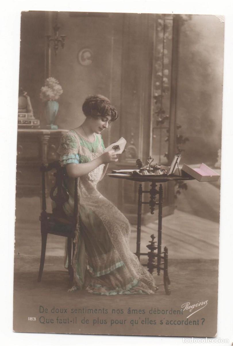 Cartoline: Postal francesa principios del XX- escrita-mujer con flores