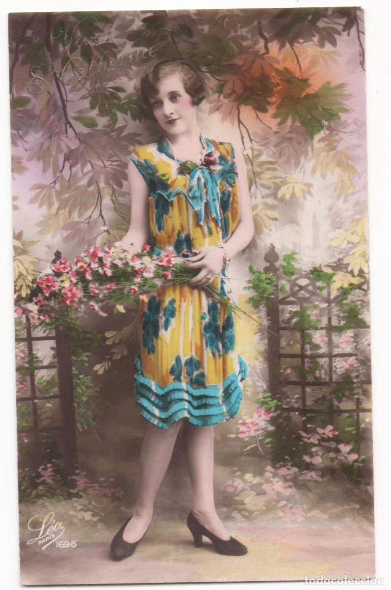 Cartoline: Postal francesa principios del XX- escrita-mujer con flores