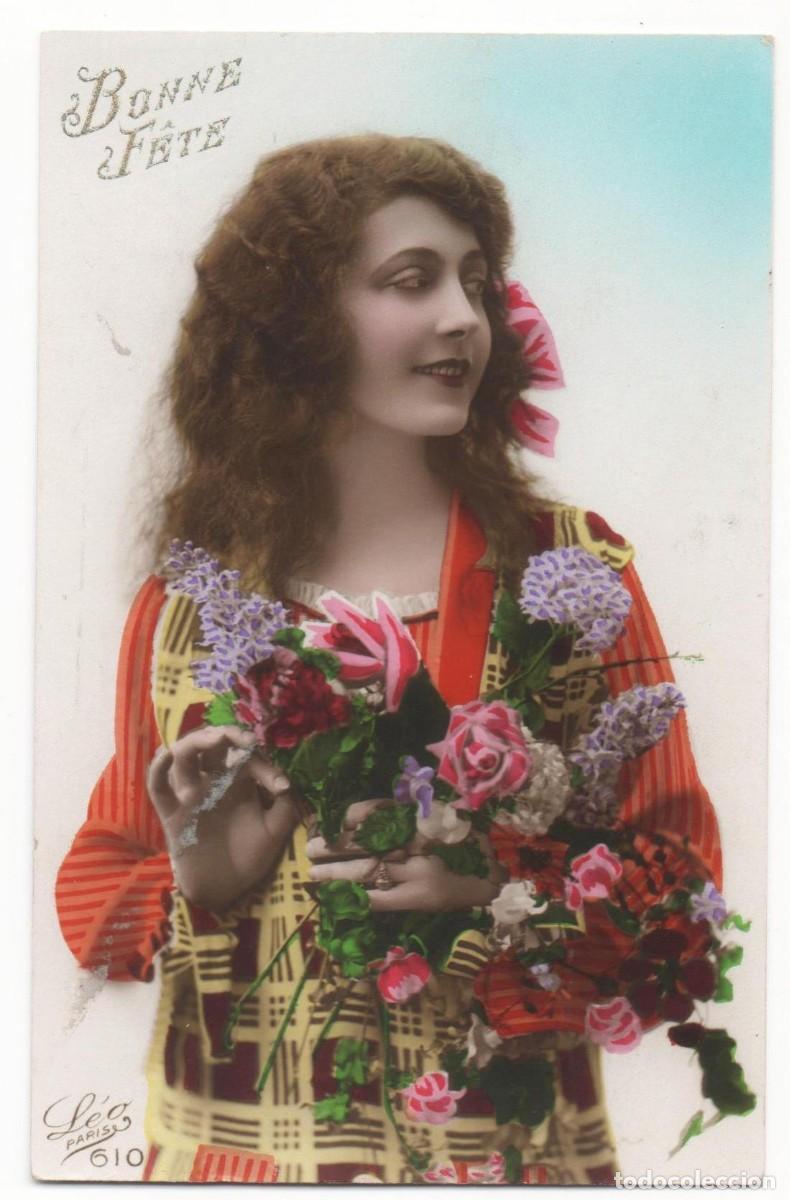 Cartoline: Postal francesa principios del XX- escrita-mujer con flores