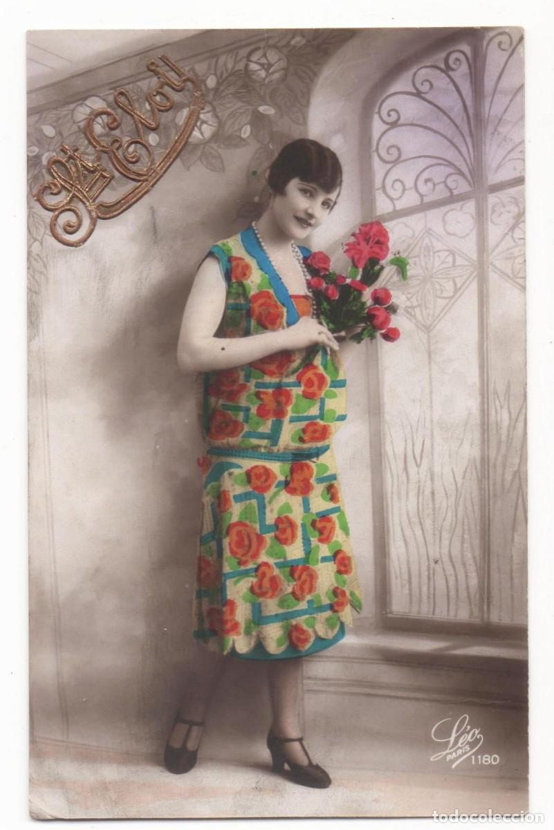 Cartoline: Postal francesa principios del XX- escrita-mujer con flores