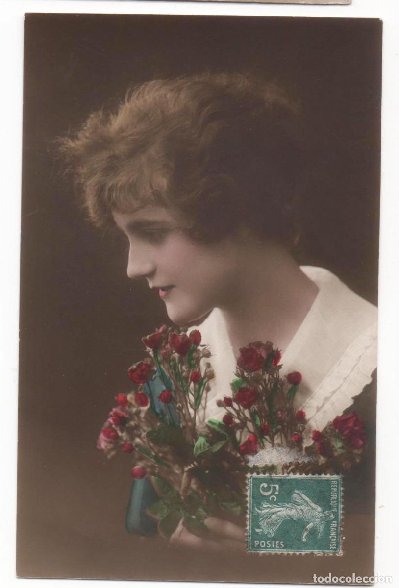 Cartoline: Postal francesa principios del XX- escrita-mujer con flores