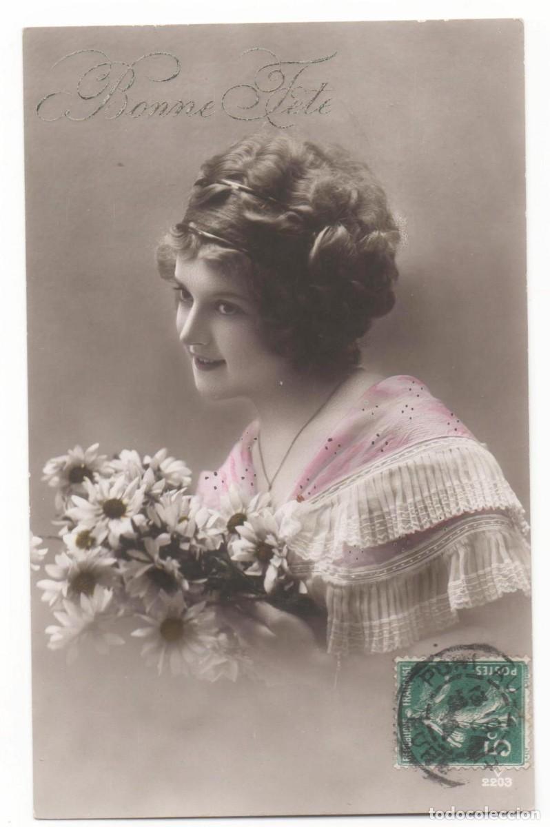 Cartoline: Postal francesa principios del XX- escrita-mujer con flores