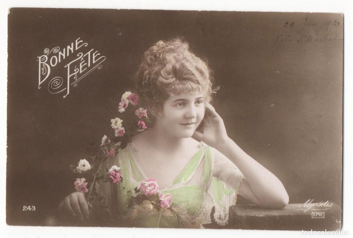 Cartoline: Postal francesa principios del XX- escrita-mujer con flores