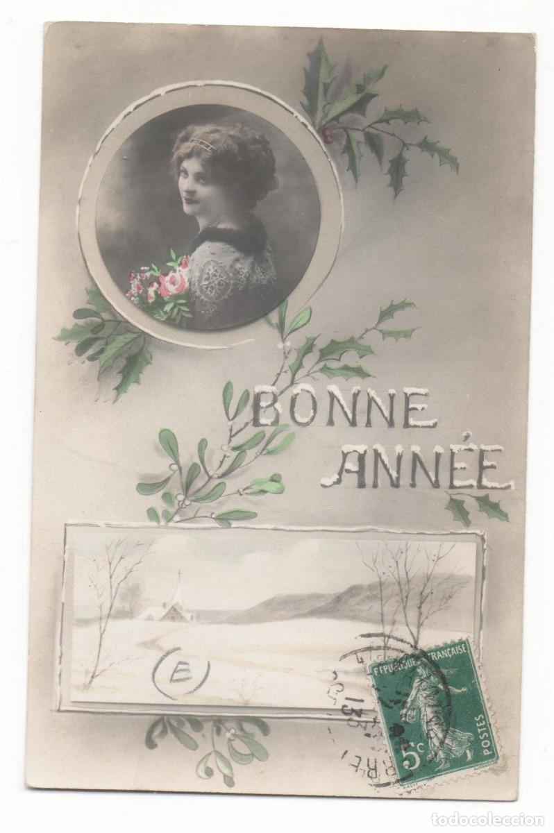 Cartoline: Postal francesa principios del XX- escrita-mujer con flores
