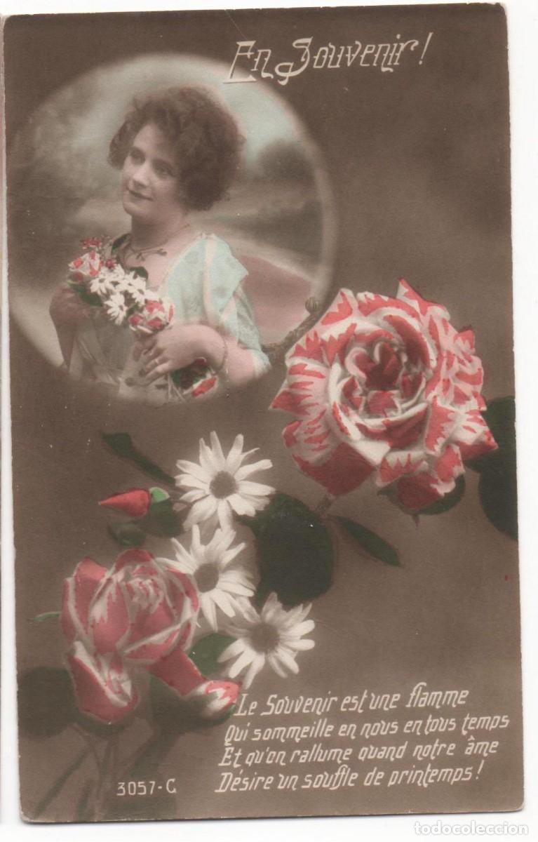 Cartoline: Postal francesa principios del XX- sin circular-mujer con flores