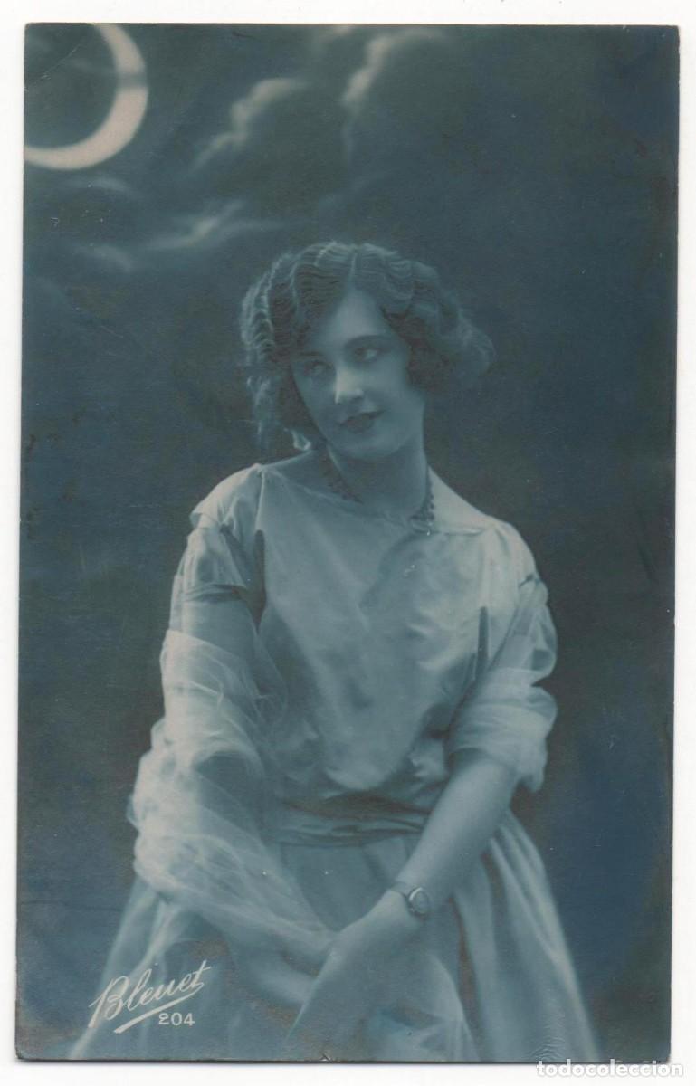 Cartoline: Postal francesa principios del XX- escrita-mujer a la luz de la luna