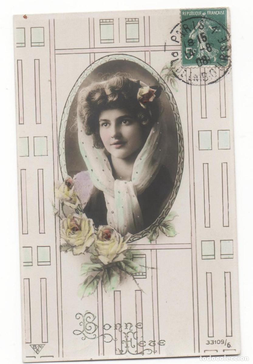Cartoline: Postal francesa principios del XX- circulada-mujer con tocado