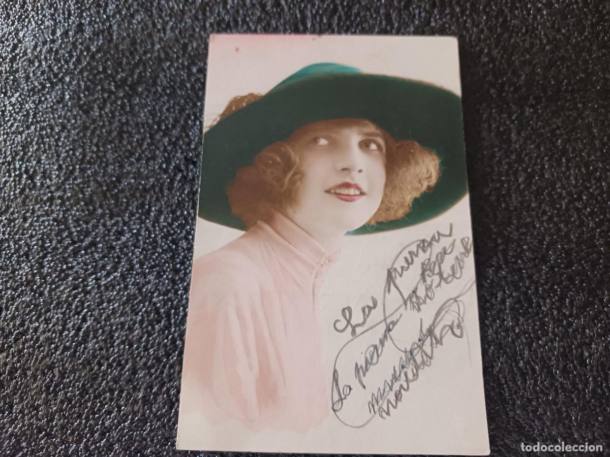 Cartoline: tarjeta de felicitacion circulada srta. con sombrero