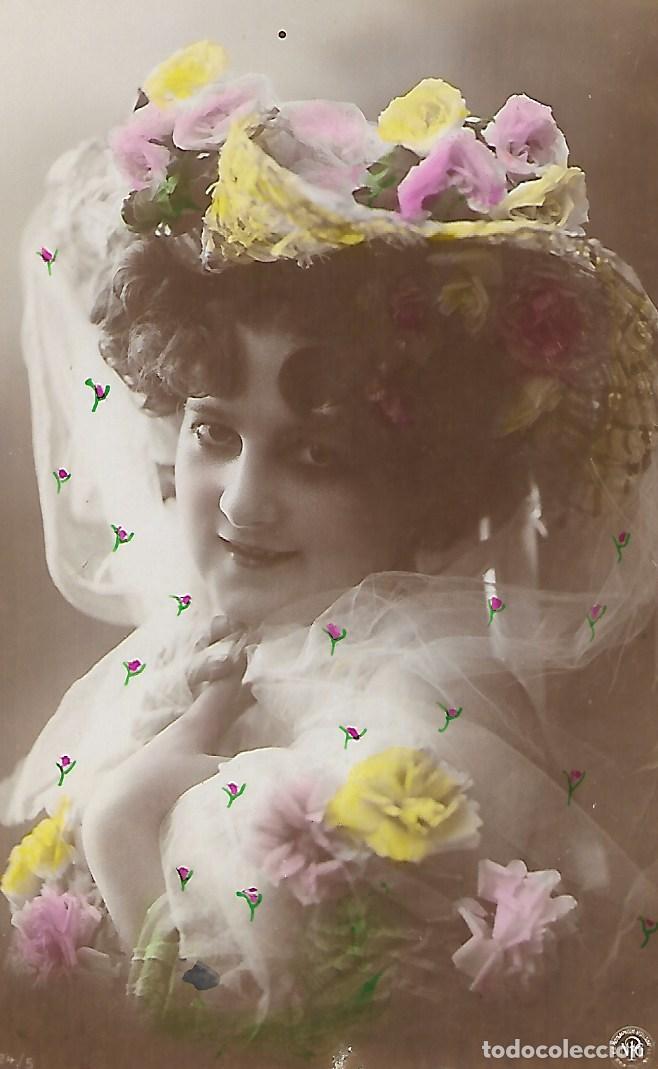 Postcards: ANTIGUA POSTAL-DAMA CON SOMBRERO Y FLORES (Circulada en 1907)