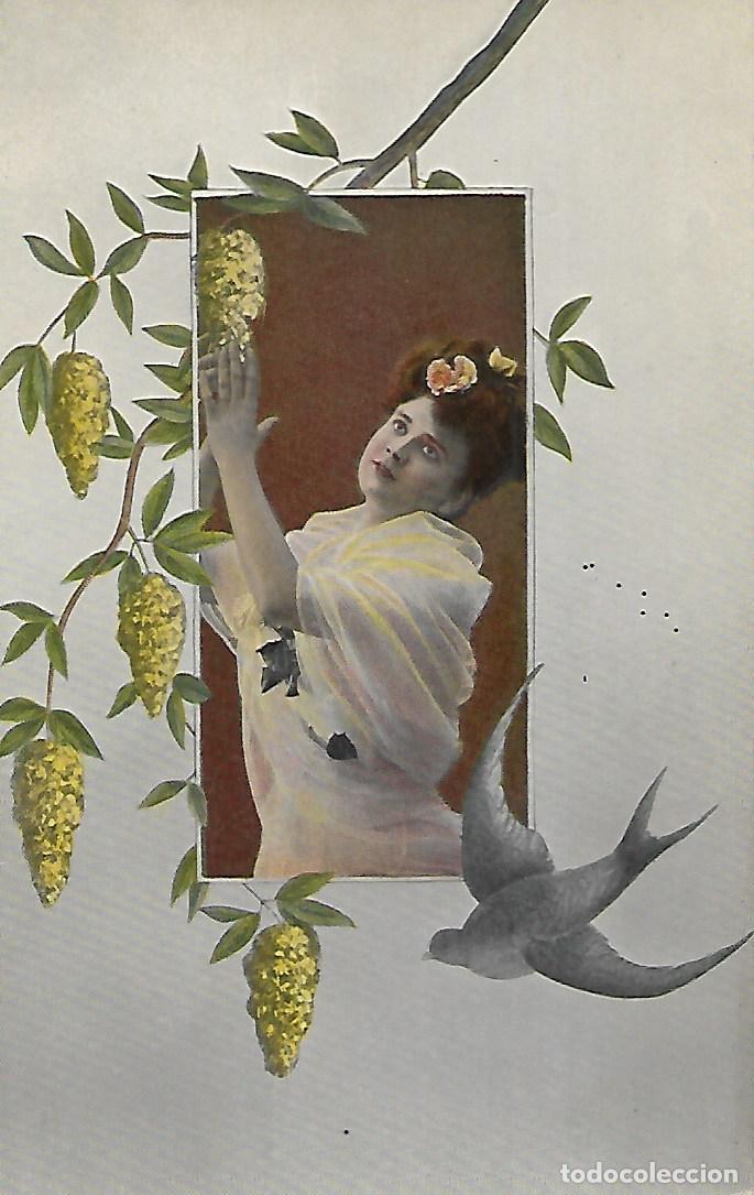 Postkarten: ANTIGUA POSTAL-DAMA CON GOLONDRINA (Principios 1900)