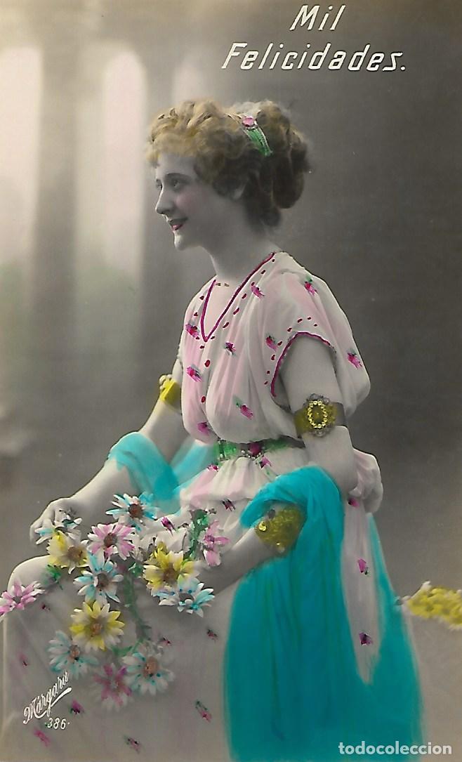 Postkarten: ANTIGUA POSTAL-DAMA CON FLORES (Circulada en 1919)