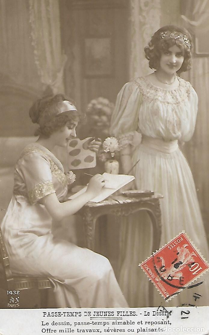 Postkarten: ANTIGUA POSTAL-PASATIEMPOS DE JOVENCITAS (Circulada en 1915)