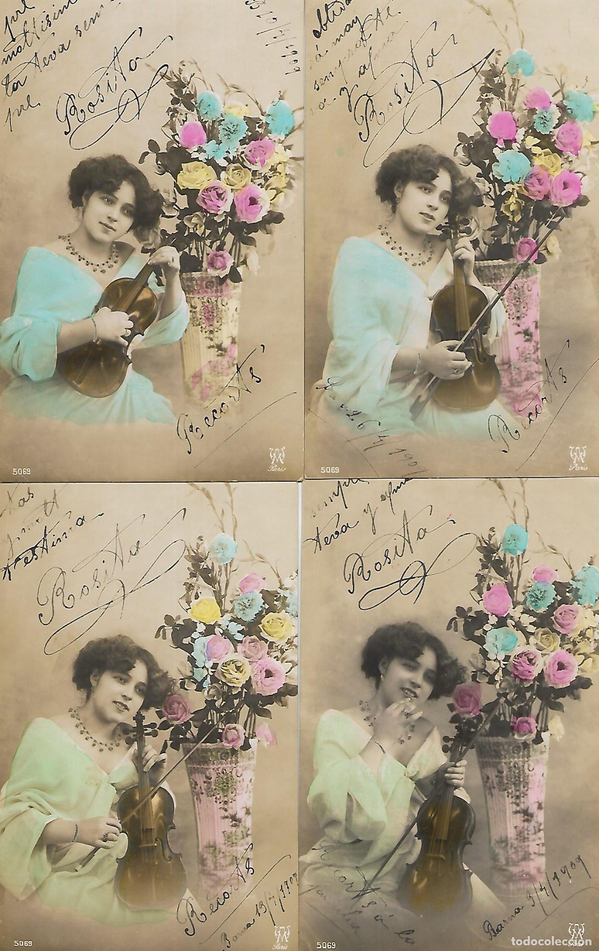 Postales: CUATRO POSTALES ANTIGUAS-DAMA CON VIOL&Iacute;N (Fechadas 1909)