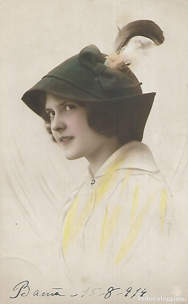 Postales: ANTIGUA POSTAL-DAMA CON SOMBRERO DE PLUMAS (Fechada en 1914)