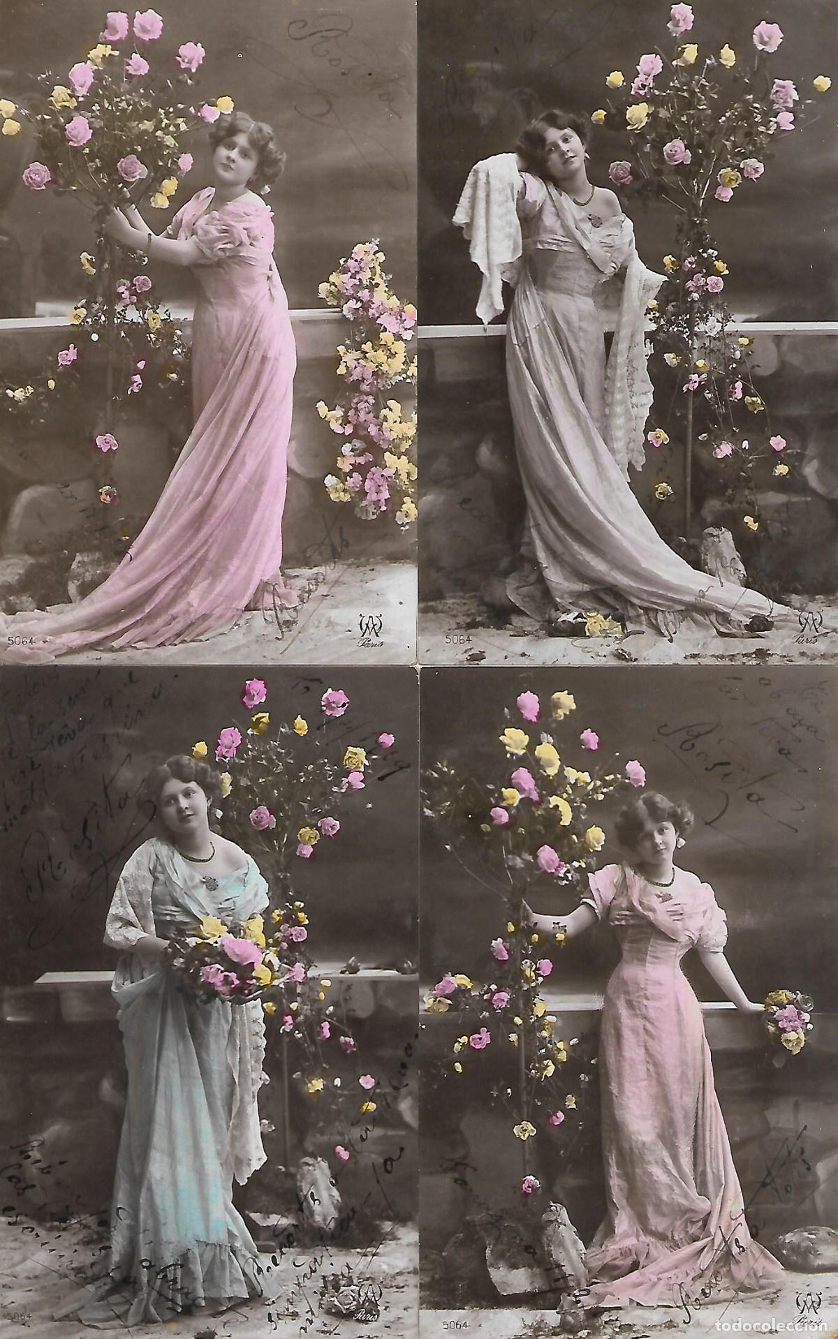 Postales: CUATRO ANTIGUAS POSTALES-DAMA CON FLORES (Circuladas en 1908)