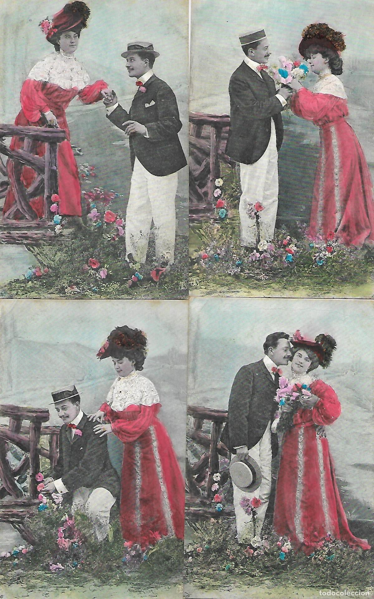 Postales: CUATRO ANTIGUAS POSTALES-PAREJA DE ENAMORADOS (Principios 1900)