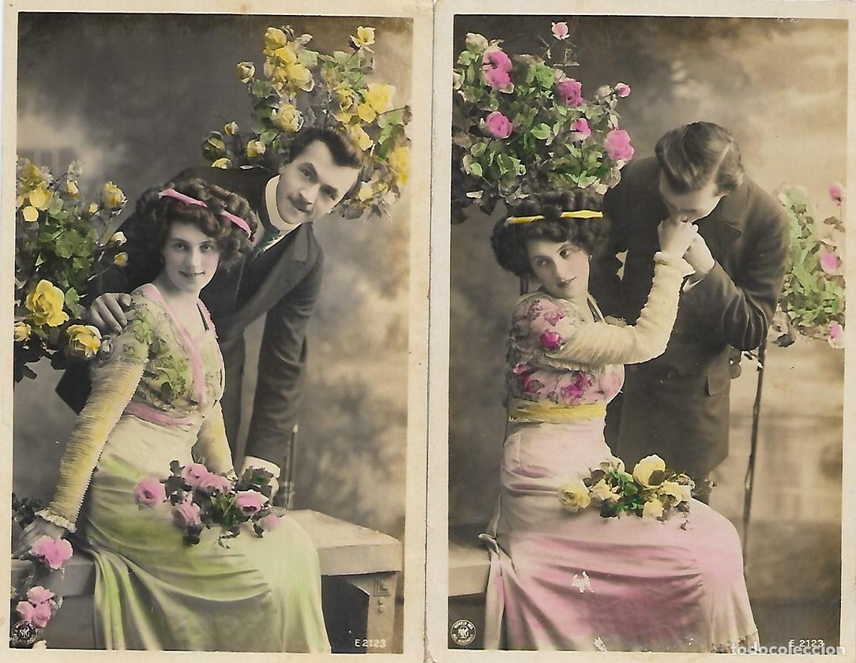 Postales: DOS ANTIGUAS POSTALES-PAREJA CON FLORES (Fechadas en 1911)