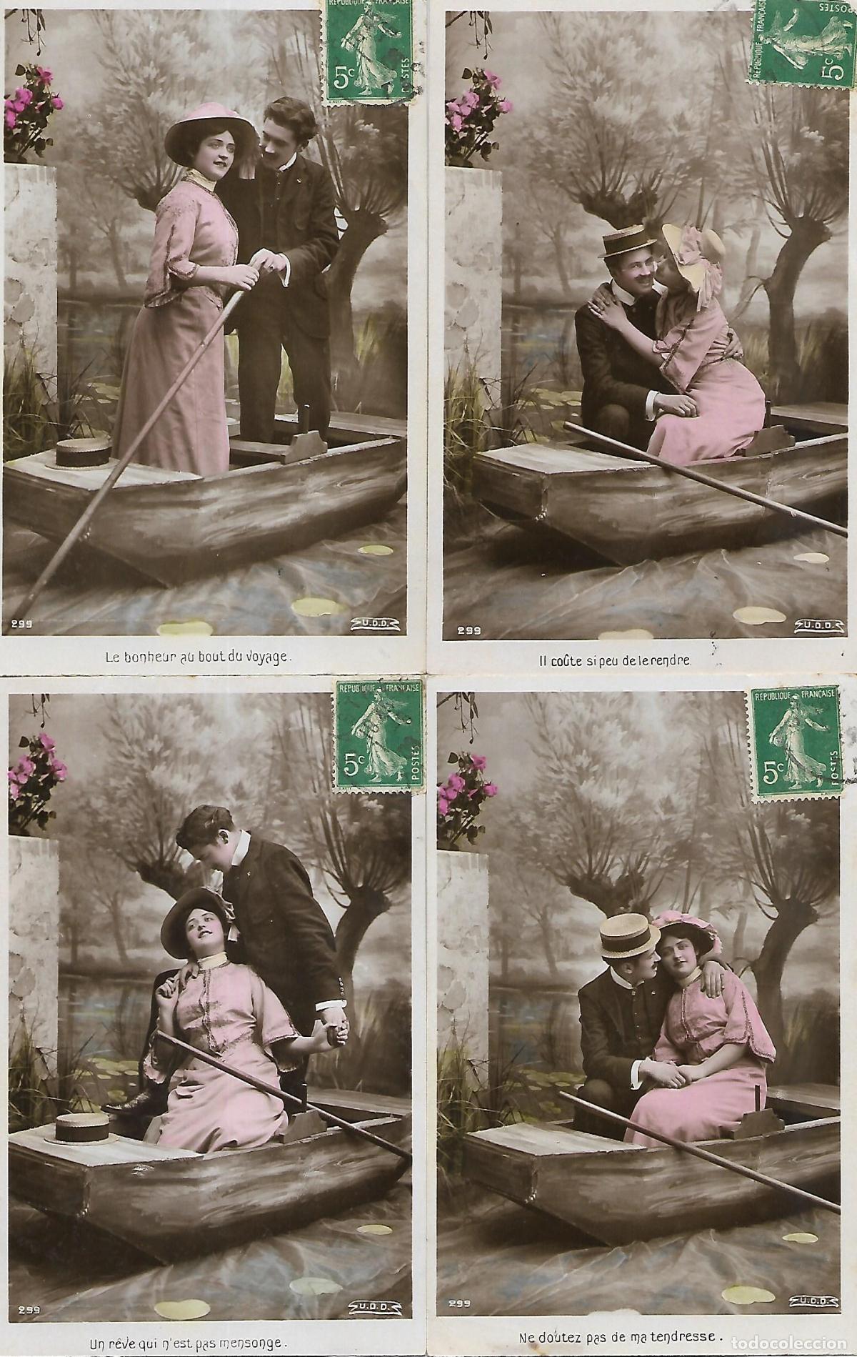 Postales: CINCO ANTIGUAS POSTALES-PAREJA EN BARCA (Circuladas en 1908)