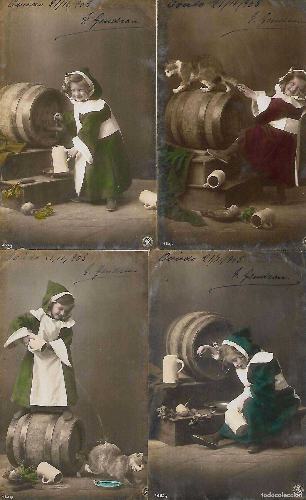 Postales: CUATRO POSTALES ANTIGUAS-NI&Ntilde;A JUGANDO EN BODEGA (Fechadas en 1905)