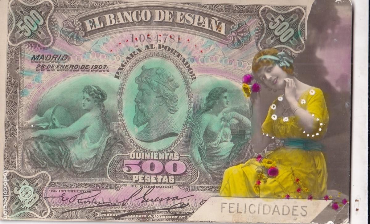 Cartoline: Postal felicitaci&oacute;n. Billete 500 pesetas. Banco de Espa&ntilde;a. Escrita en 1917 Sin circular.