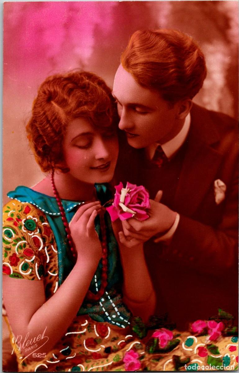 Postais: Postal Rom&aacute;ntica Francesa Coloreada - Pareja de Novios - Bleuet Par&iacute;s 525 - 136x87mm